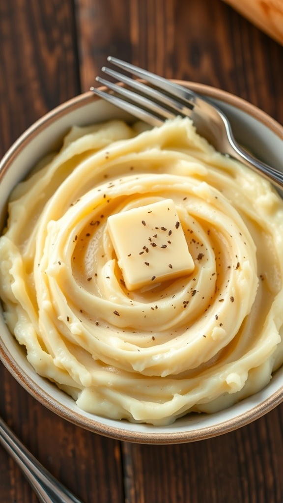 Creamy mashed potatoes with butter and pepper in a rustic bowl on a wooden table.